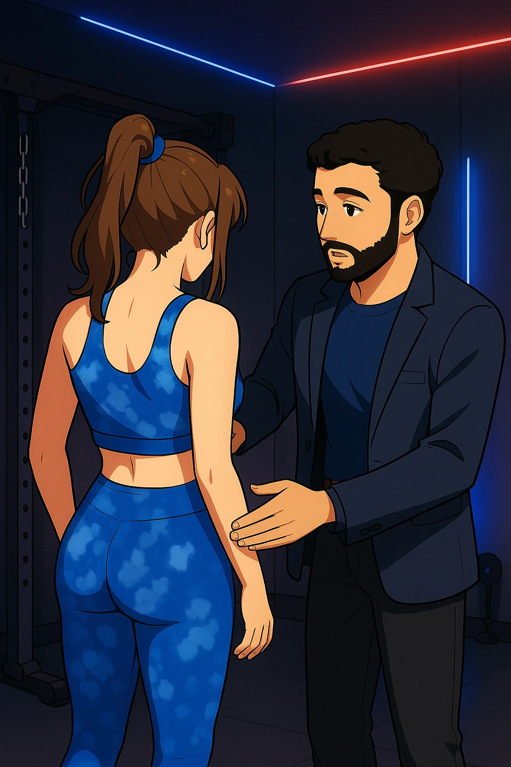 ispirati a questo stile di disegno e fai questa immagine in versione manga/webtoon a colori, il manga mostra la donna di spalle, mentre l'uomo le tocca la spina dorsale per spiegarle come funziona la scoliosi:
Con una scoliosi il baricentro corporeo cade maggiormente da un lato; per non cadere la schiena compensa accumulando tensione sul fianco opposto.
Il risultato? Si inclina e ruota sempre più, fino a che non cede (discopatie, artrosi, ecc) emoji