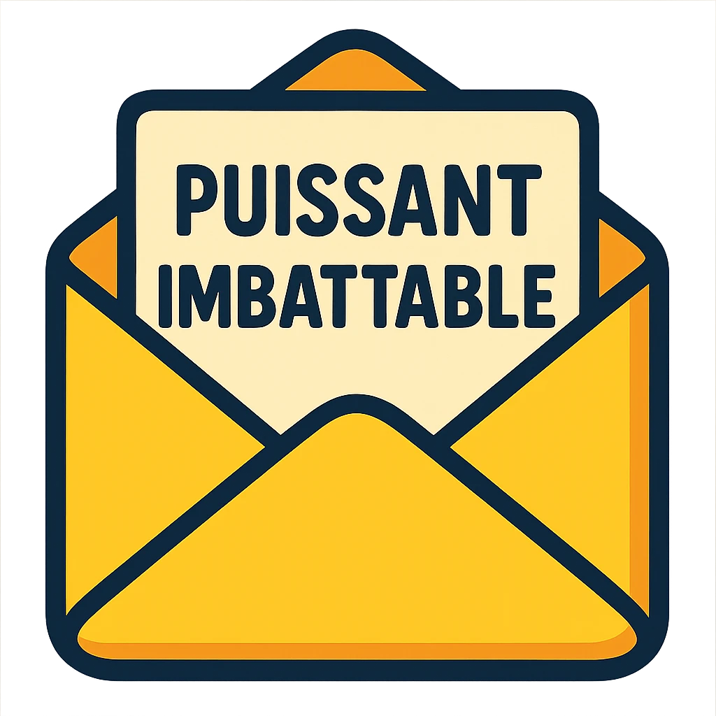 cartoon style emoji of an open letter with 'Puissant Imbattable' written on it, vibrant colors emoji
