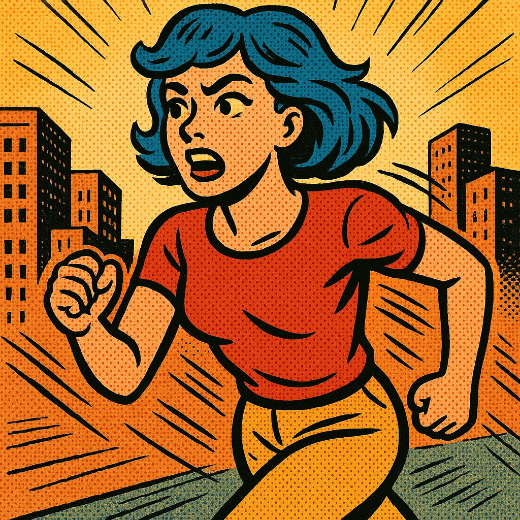 Woman with blue hair running in a city emoji