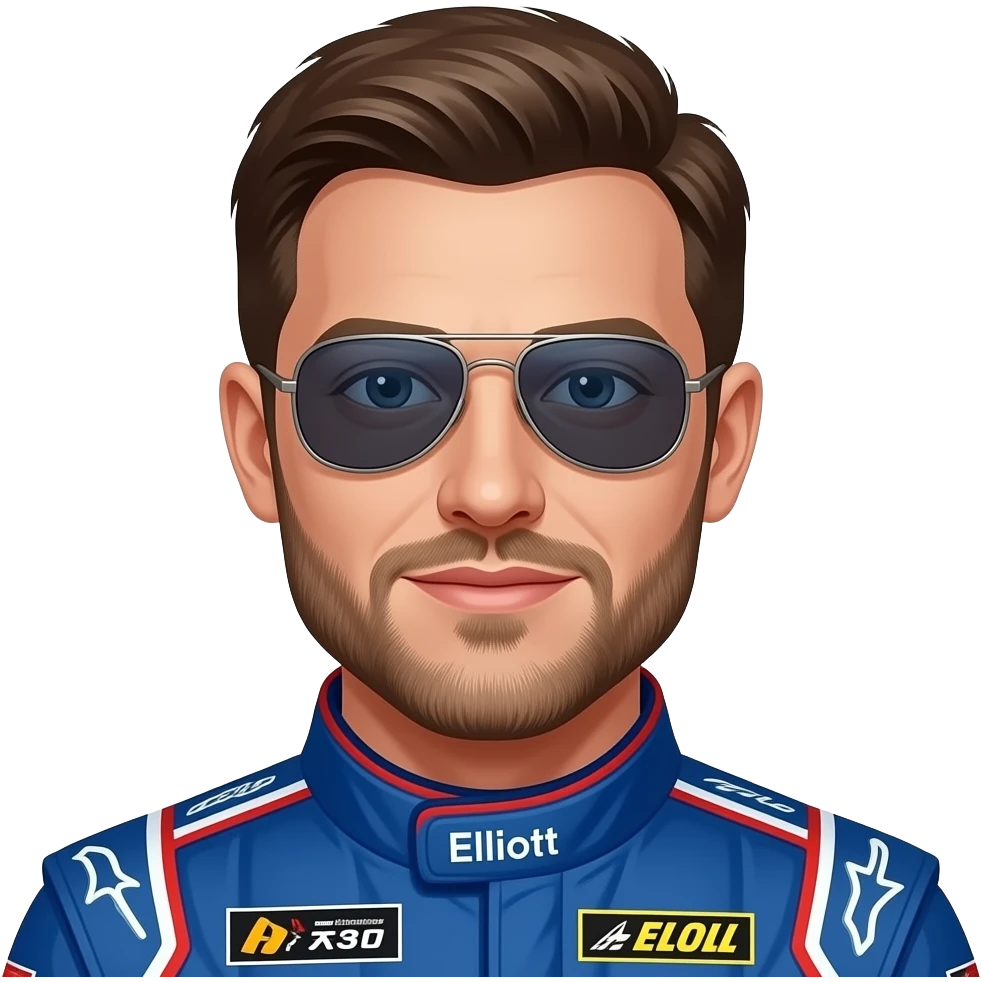Chase elliott with facial hair wear aviator sunglasses and a blue racing suit emoji