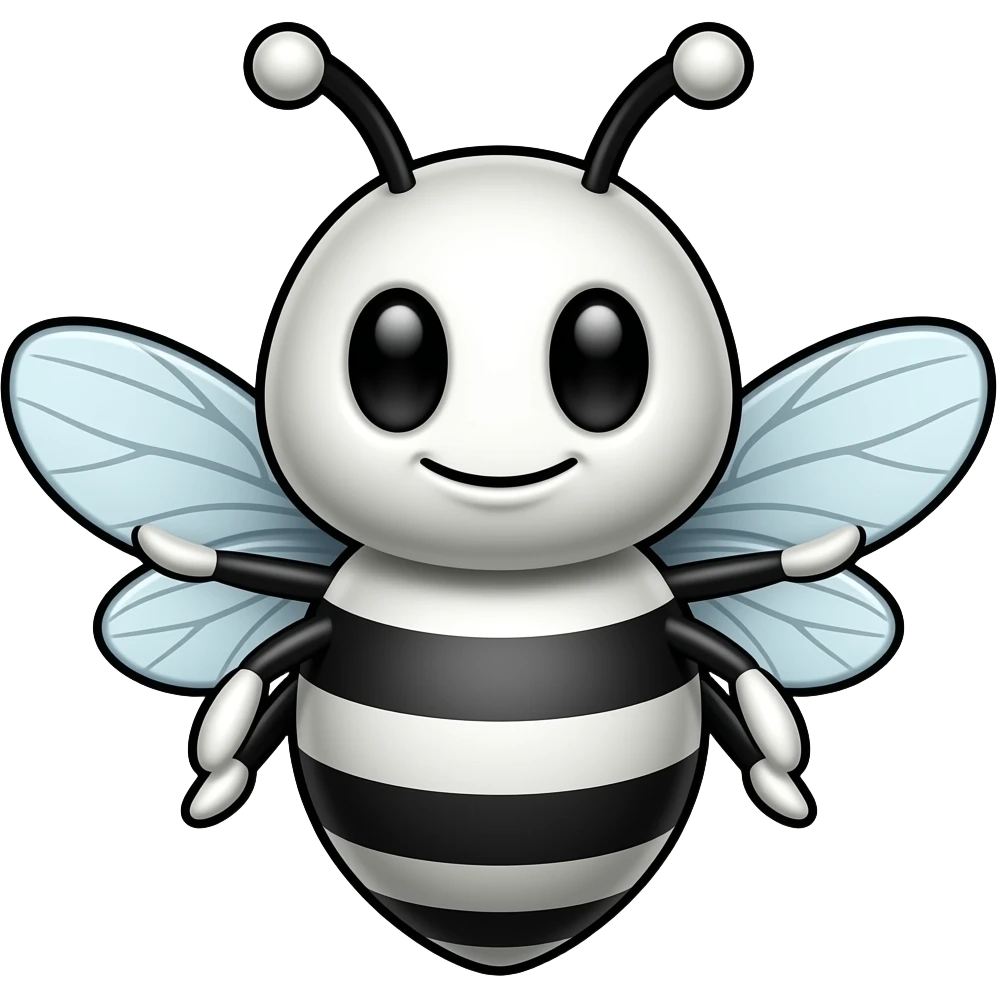 minimalist flat icon, happy relaxed bee emoji, black and white cartoon bee, thick bold outlines, white body with black stripes, big round eyes, smug smile, arms behind head leaning back, transparent background, flat style, simple shapes emoji