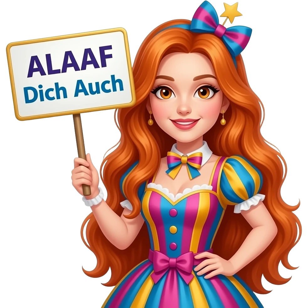 sexy girl with overlong ginger hair and ginger eyes wearing a carneval dress holding a ALAAF dich auch sign emoji
