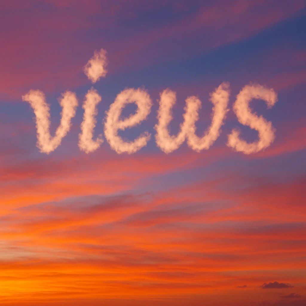 A cloud formation shaped like the word "views" with a sunset background emoji