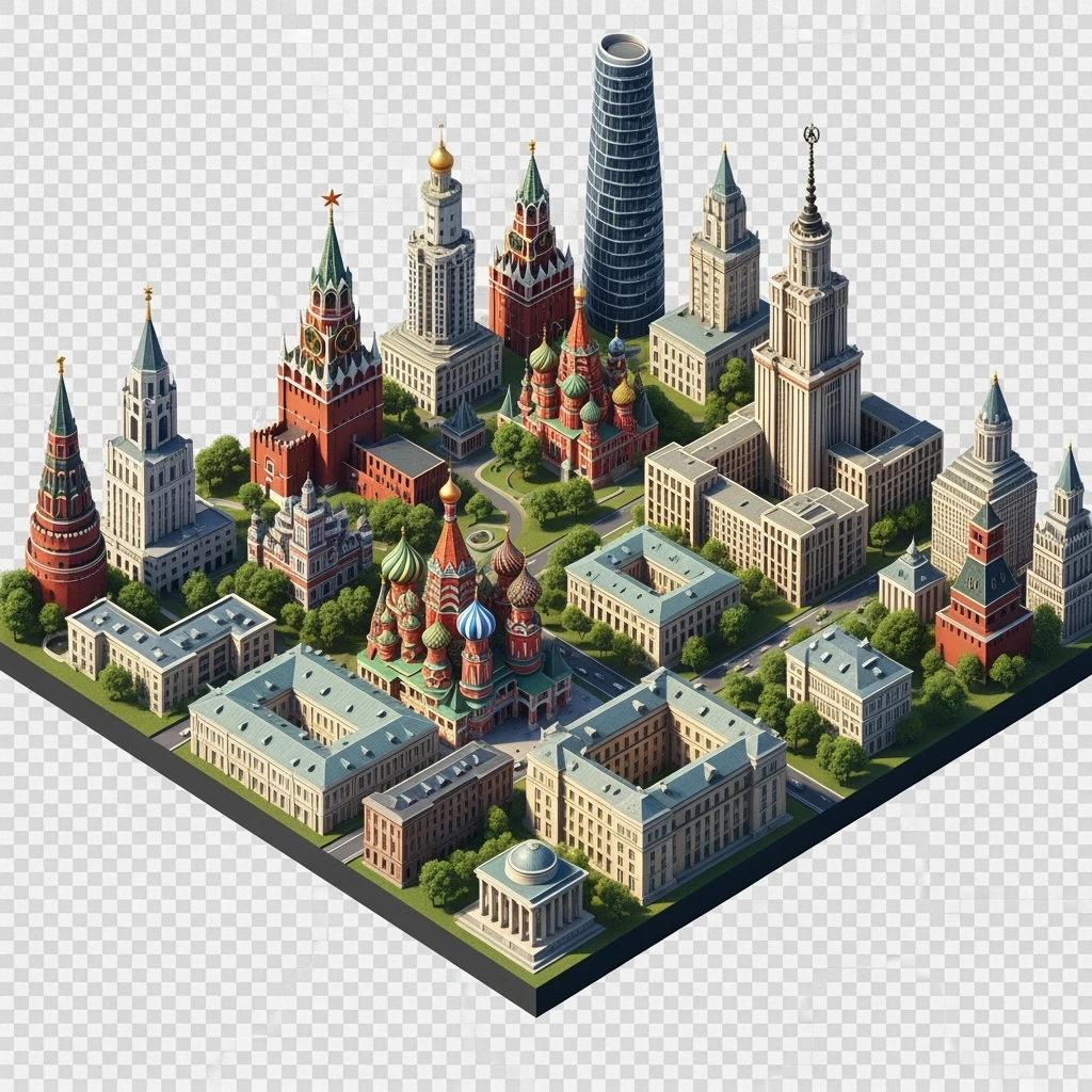Изометрическая фотореалистичная иллюстрация-модель Москвы с Кремлем с Храмом Василия Блаженного, МГУ и Сити, баланс между стилизацией и реализмом, эффект миниатюры, прозрачный фон emoji