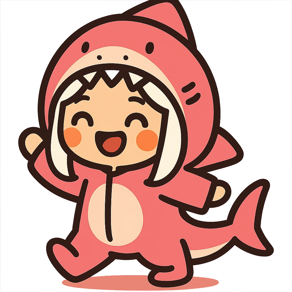 cute cartoon style girl with white hair wearing a pink shark onesie, very cute happy expression emoji