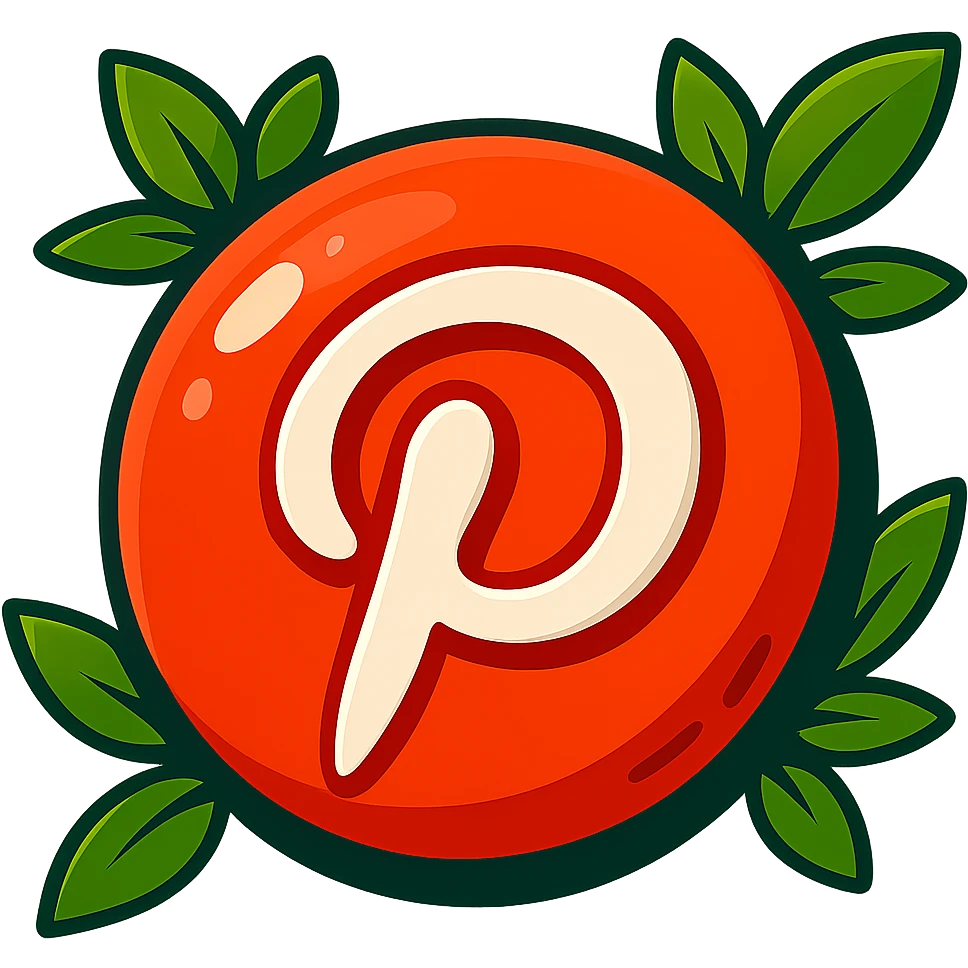 Very rounded, puffy Pinterest logo in cartoon style, thick outline, dramatic shadows, shiny highlights, surrounded by vivid leaves, no background. Focus on contours, shadows, and glossy effects, matching the reference style. emoji