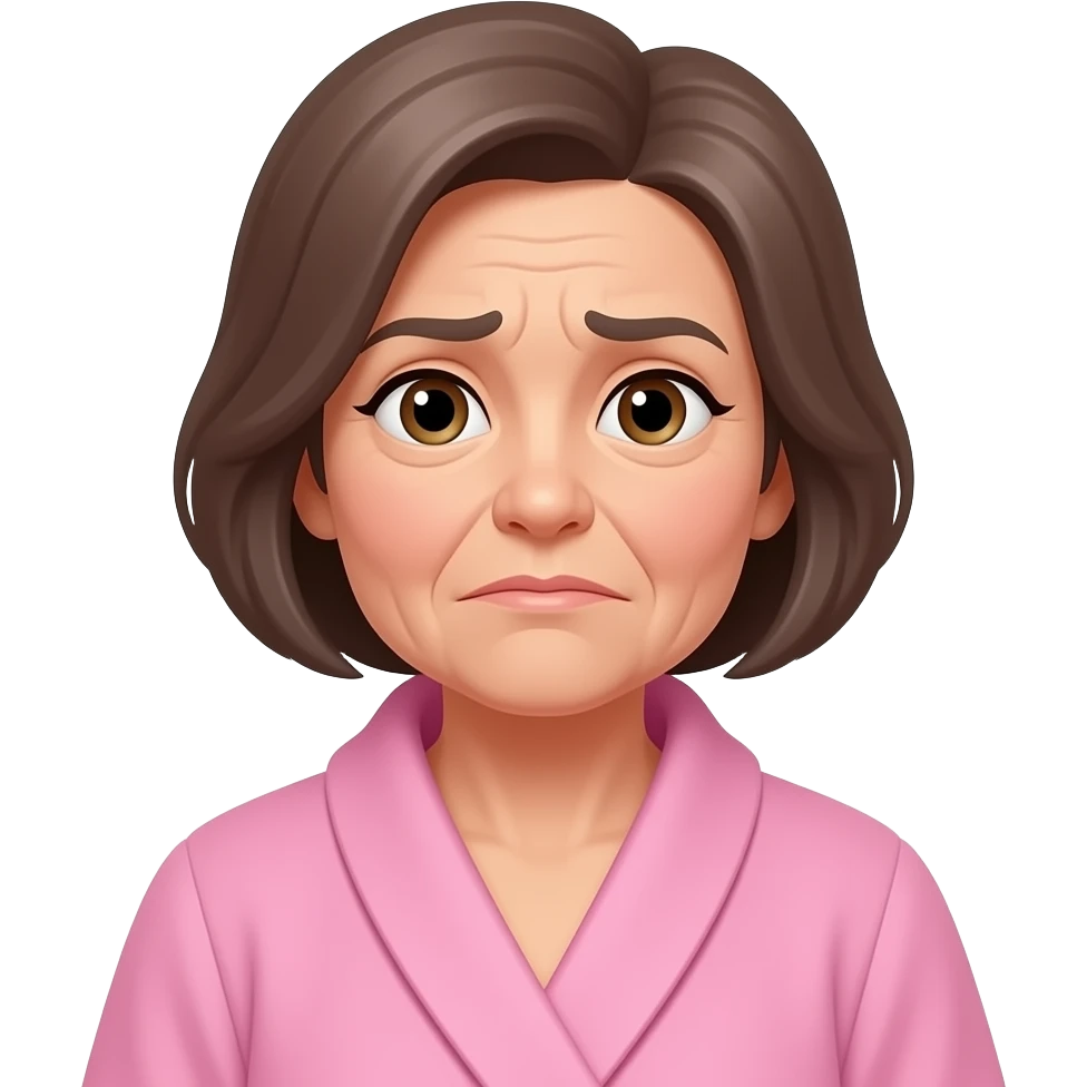 older woman with short brown and grey hair wearing a pink bathrobe and a doubtful unsmiling look on her face emoji