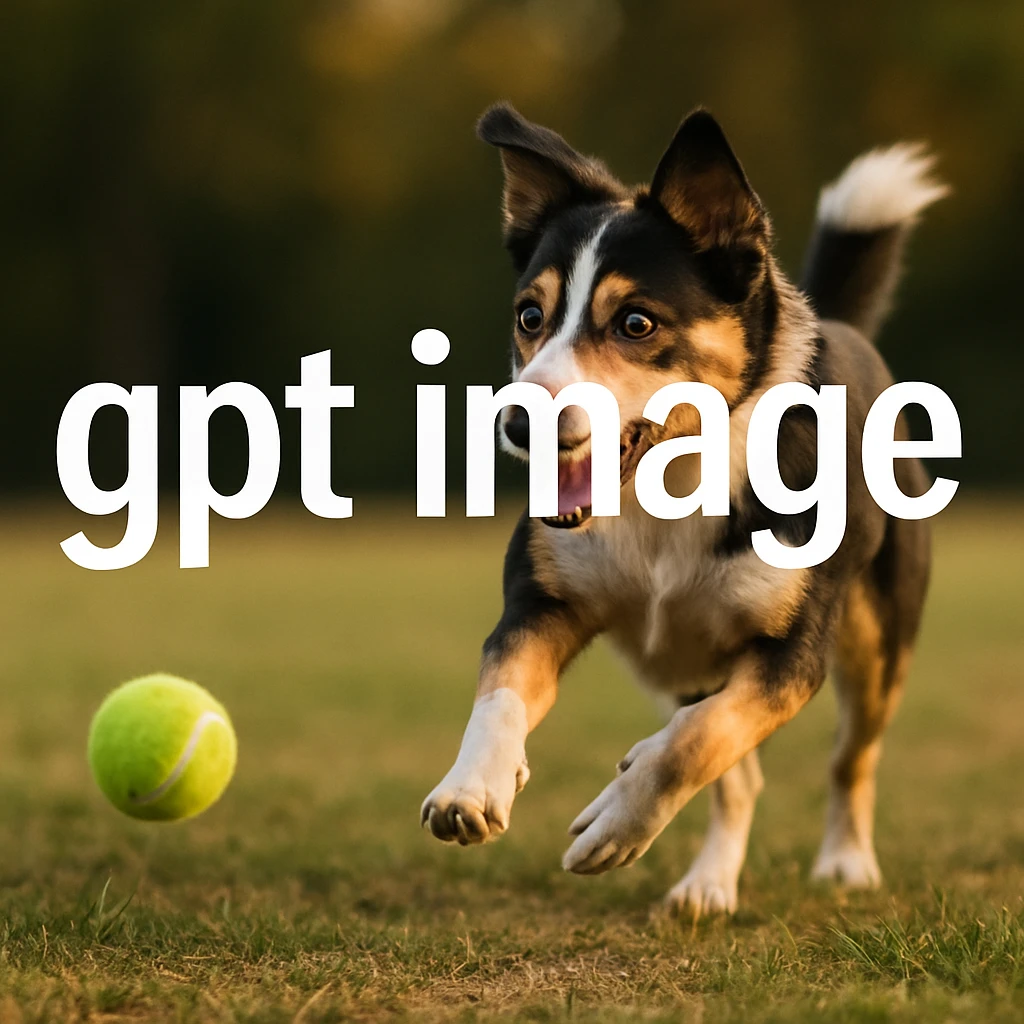  logo with text "gpt image" on the background of a dog chasing ball, realistic image emoji