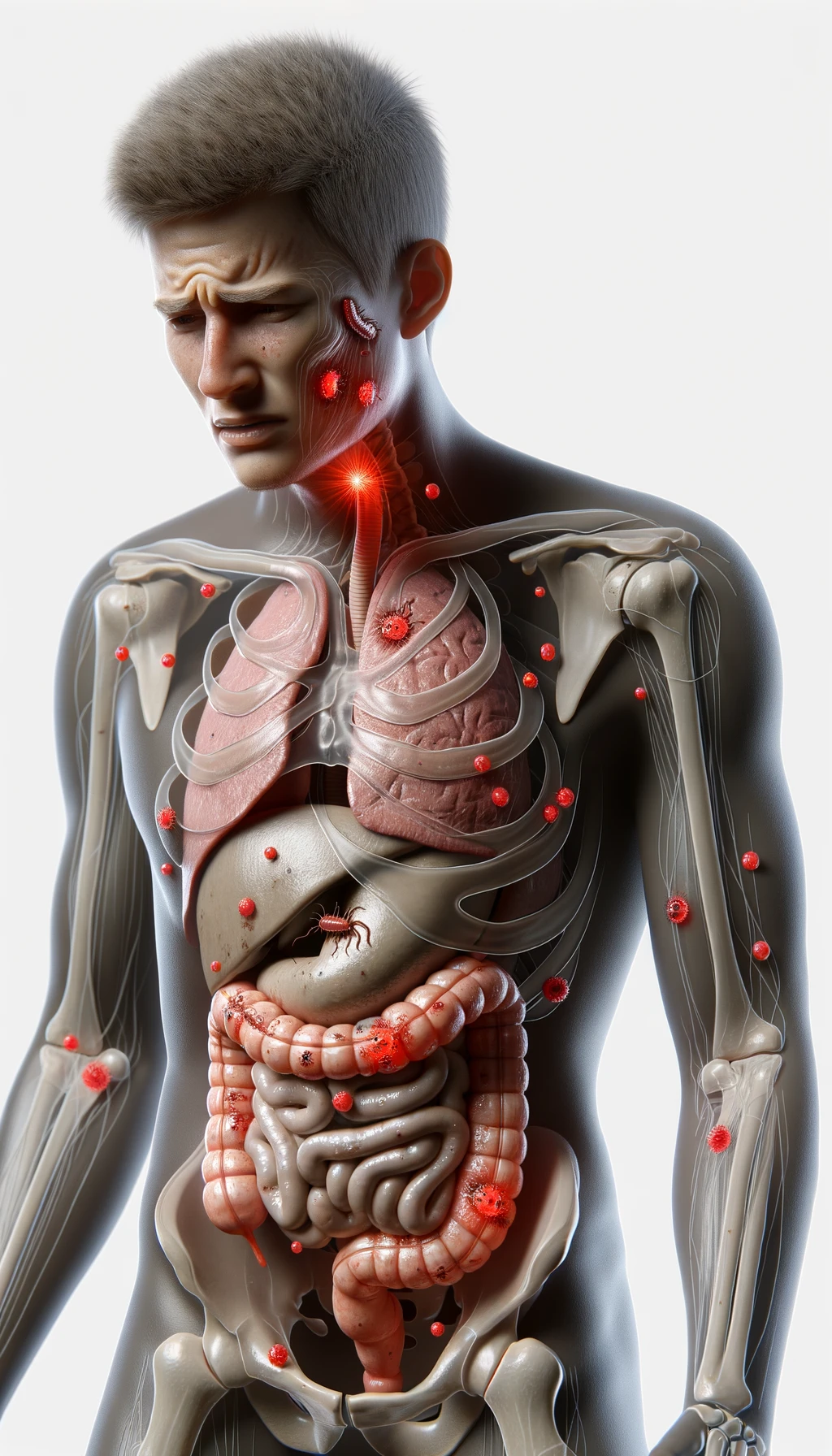 corpo umano anatomico con parassiti nell'intestino e red spot di infiammazione sparsi sul corpo, espressione di dolore in volto, iperrealistico 4k , sfondo bianco emoji
