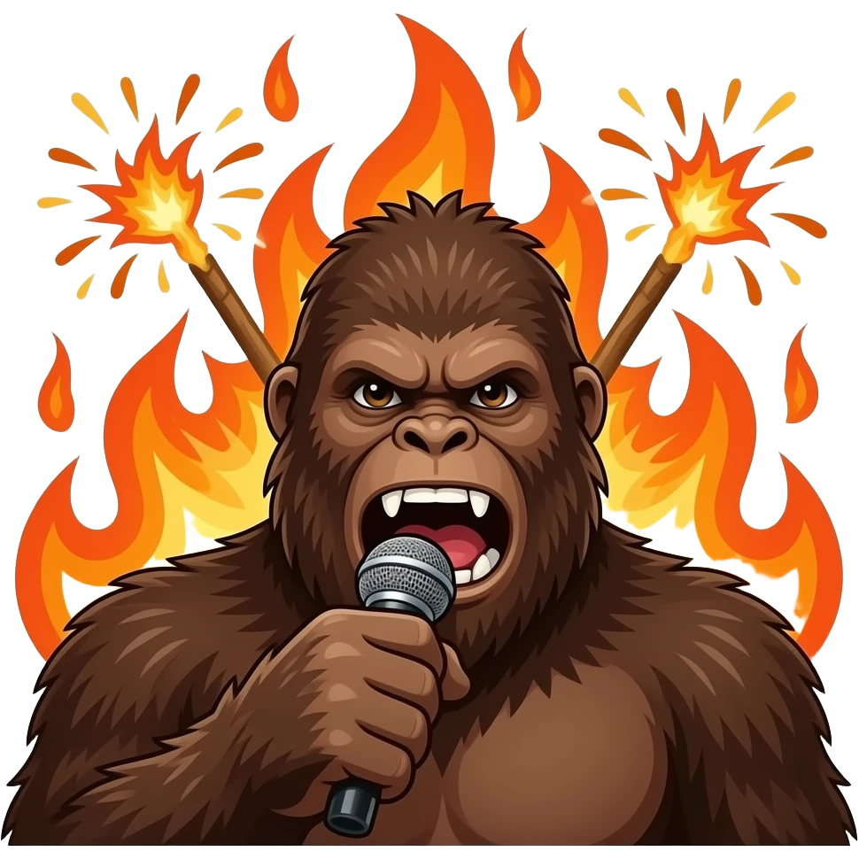 Bigfoot singing heavy metal with pyrotechnics shooting flames behind him emoji
