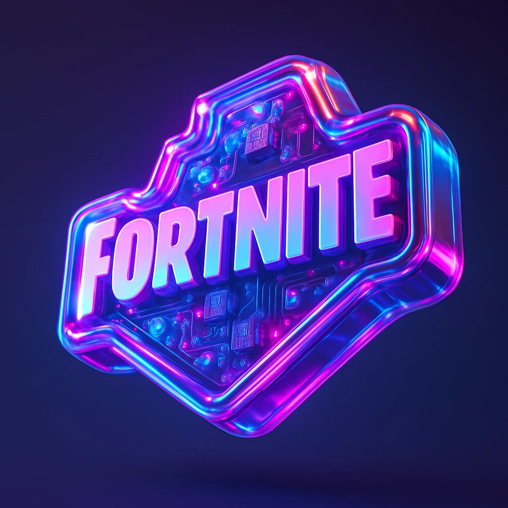 Fortnite logo, stylized with neon colors, futuristic look, energetic and eye-catching emoji