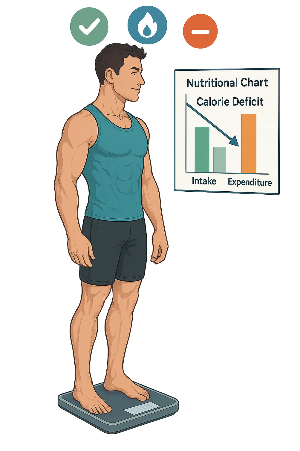 a man stands on a digital scale, looking at a nutrition chart that shows his daily calorie intake is lower than his energy expenditure. Floating icons above his head display a negative calorie balance, and his body appears slightly leaner, with visible muscle definition. The background is a modern clinic, emphasizing the concept of caloric deficit. scritto in italiano emoji