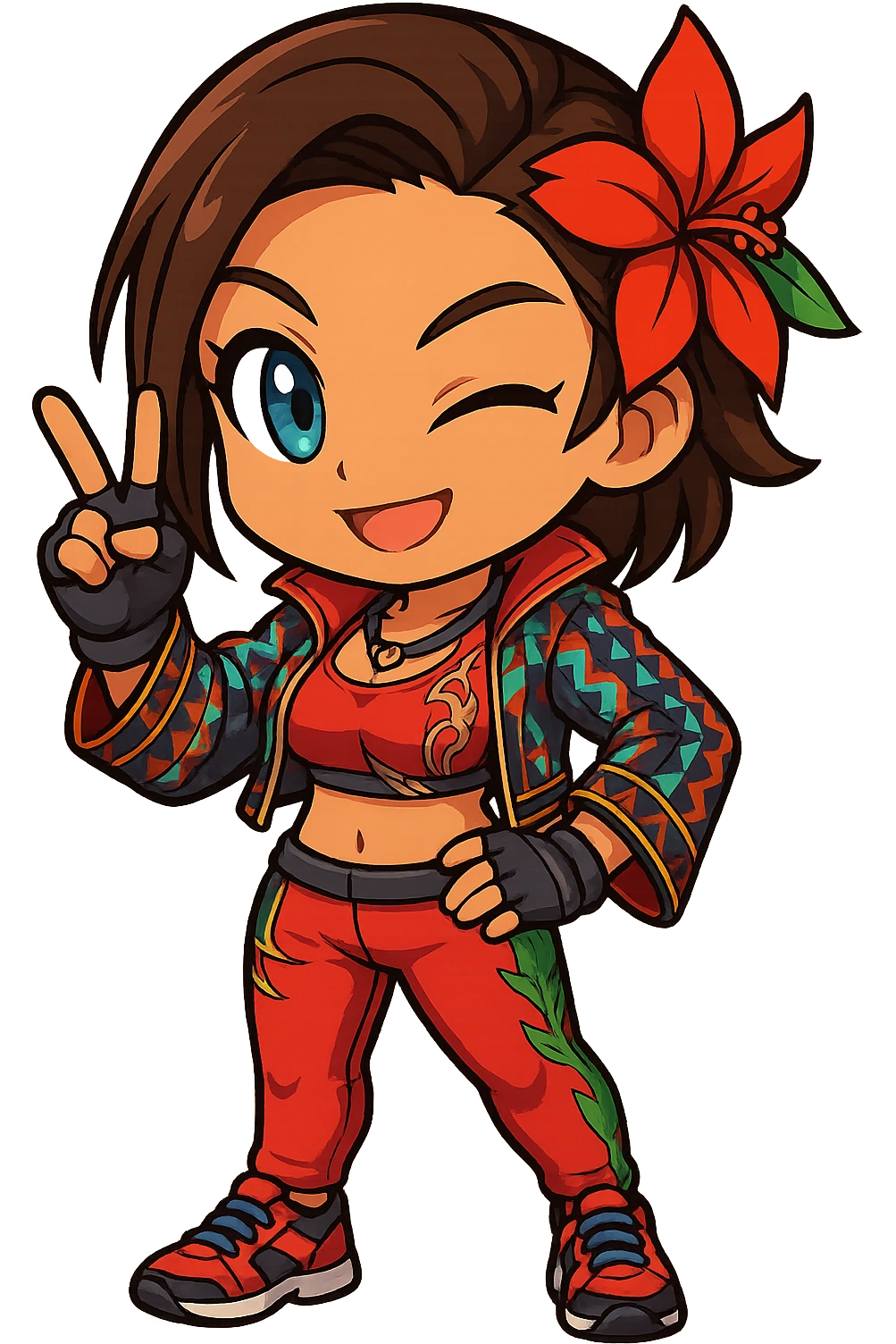 Azucena from Tekken 8 in chibi sticker style, making a victory pose with a V-sign, wearing the detailed red and patterned outfit from the reference images, designed for Twitch emote use. emoji