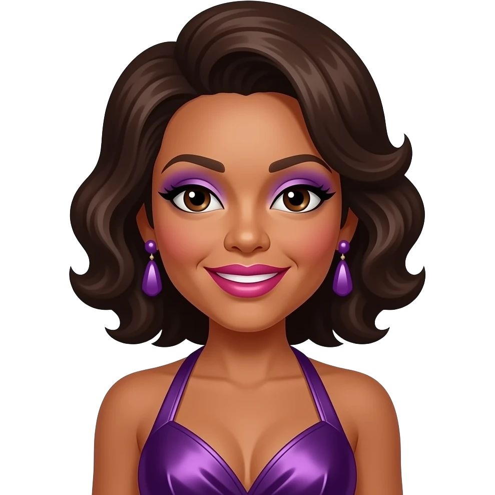 Whitney Houston with dark brown eyes, dark brown beehive hair, lilac eyeshadow, hot pink lipstick, dark purple metallic halter dress, lilac earrings emoji