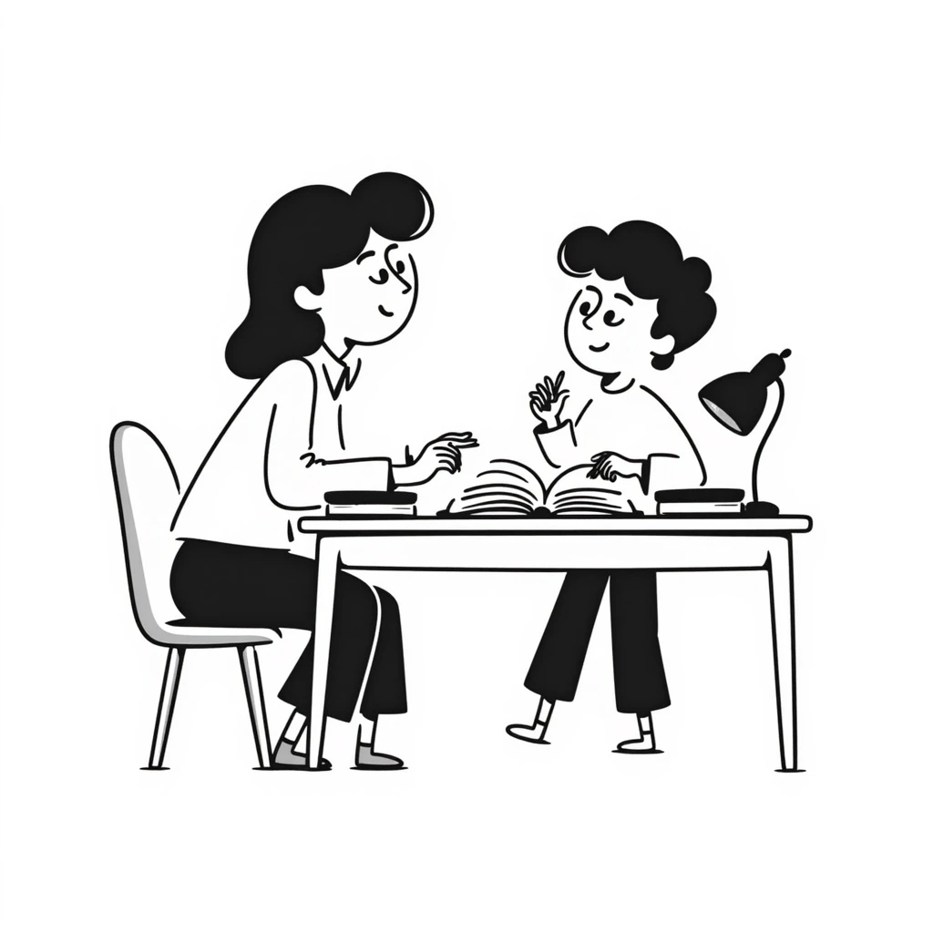 educator or speech therapist with child, who helps child with lessons sitting at the table emoji