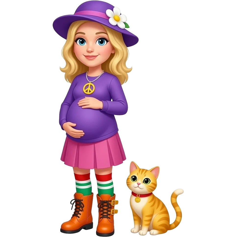 Yellow cat with blonde hair purple hat with white flower peace sign necklace  purple long sleeved shirt pink skirt  long red white green  socks orange boots with yellow buckles  big pregnant belly emoji