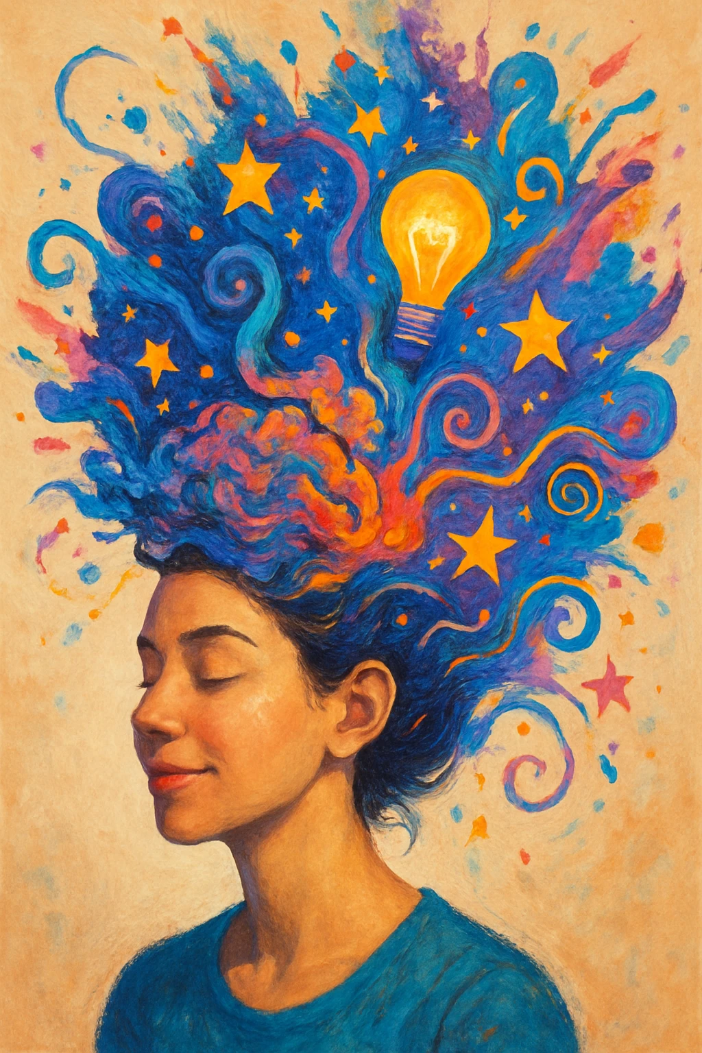 a stylized woman with her brain exploding in a burst of color and ideas, surreal, imaginative, no violence emoji