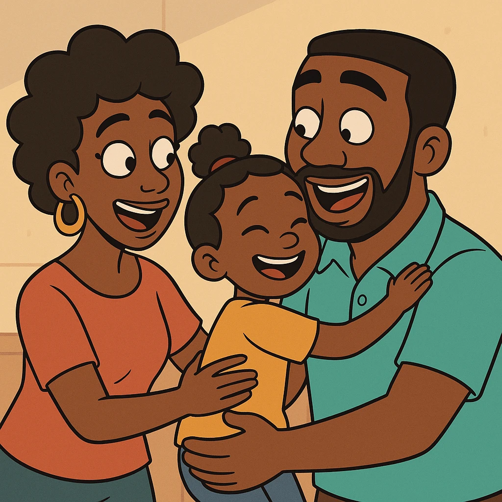 African parents, vibrant clothing, expressive faces, family scene, cartoon style emoji