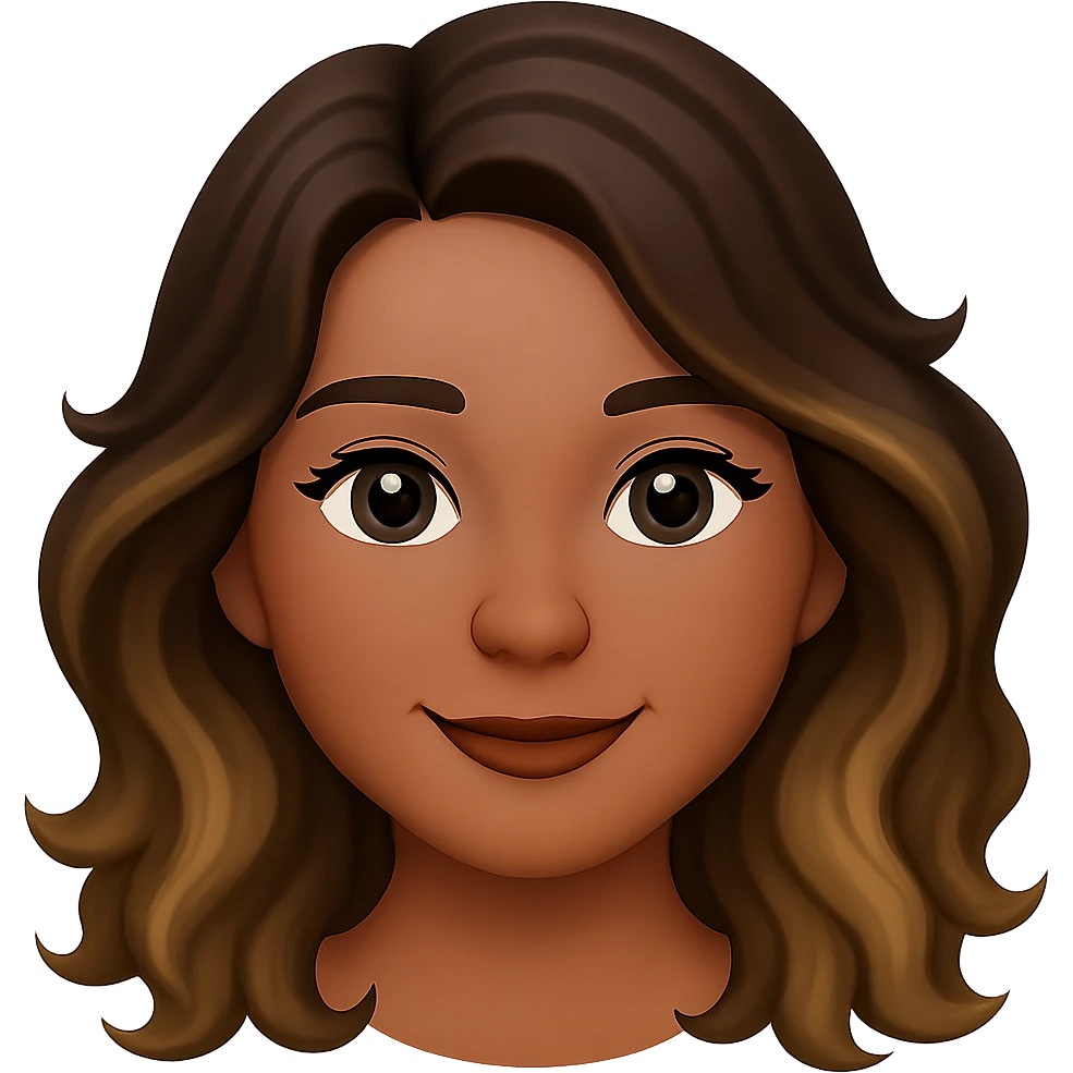 Make her eyes a little darker, give her a rounder face, and a soft smile. Keep the iPhone emoji style with long wavy hair with brown roots and blonde highlights, brown eyebrows, and summer tan. Maintain the transparent background. emoji