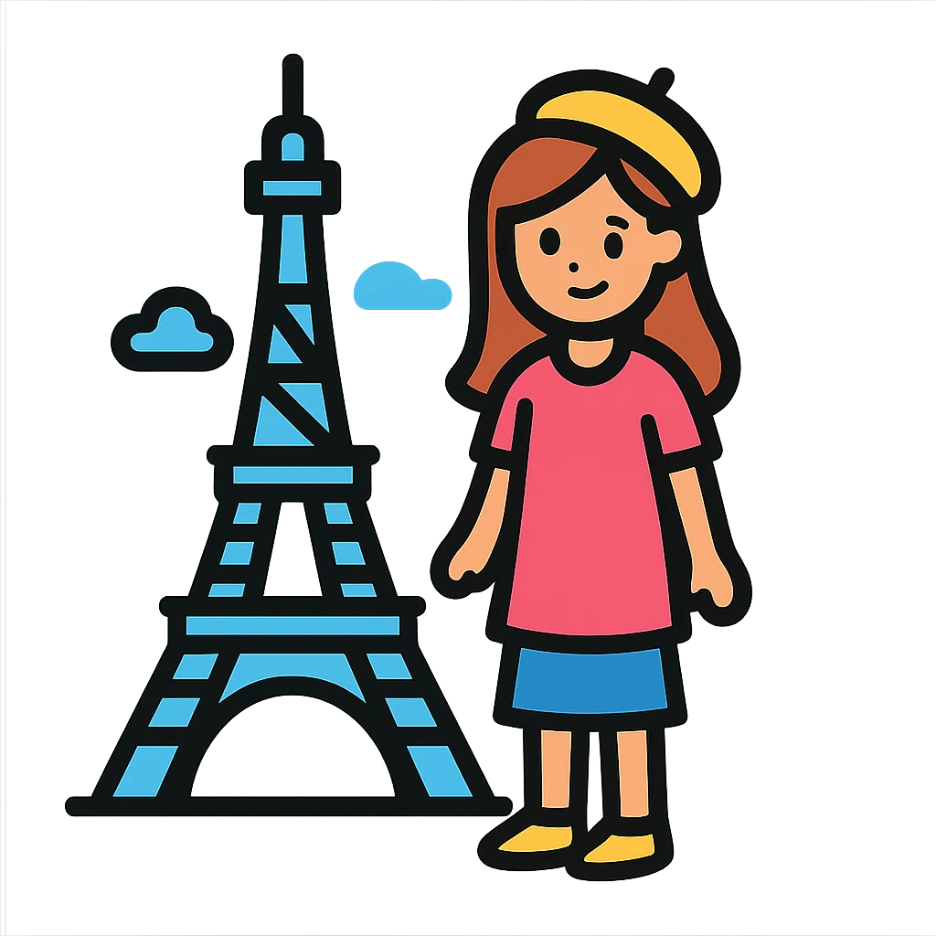 A girl standing near the Eiffel Tower emoji