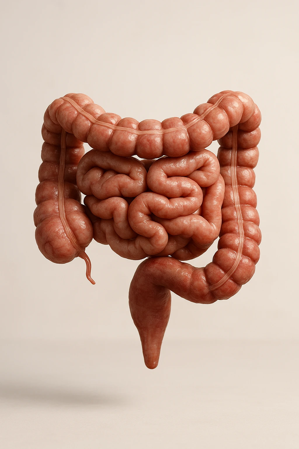 INTESTINO UMANO ANATOMICO REALISTICO FLUTTUA IN ARIA, SFONDO CHIARO, iperrealistico 4k emoji