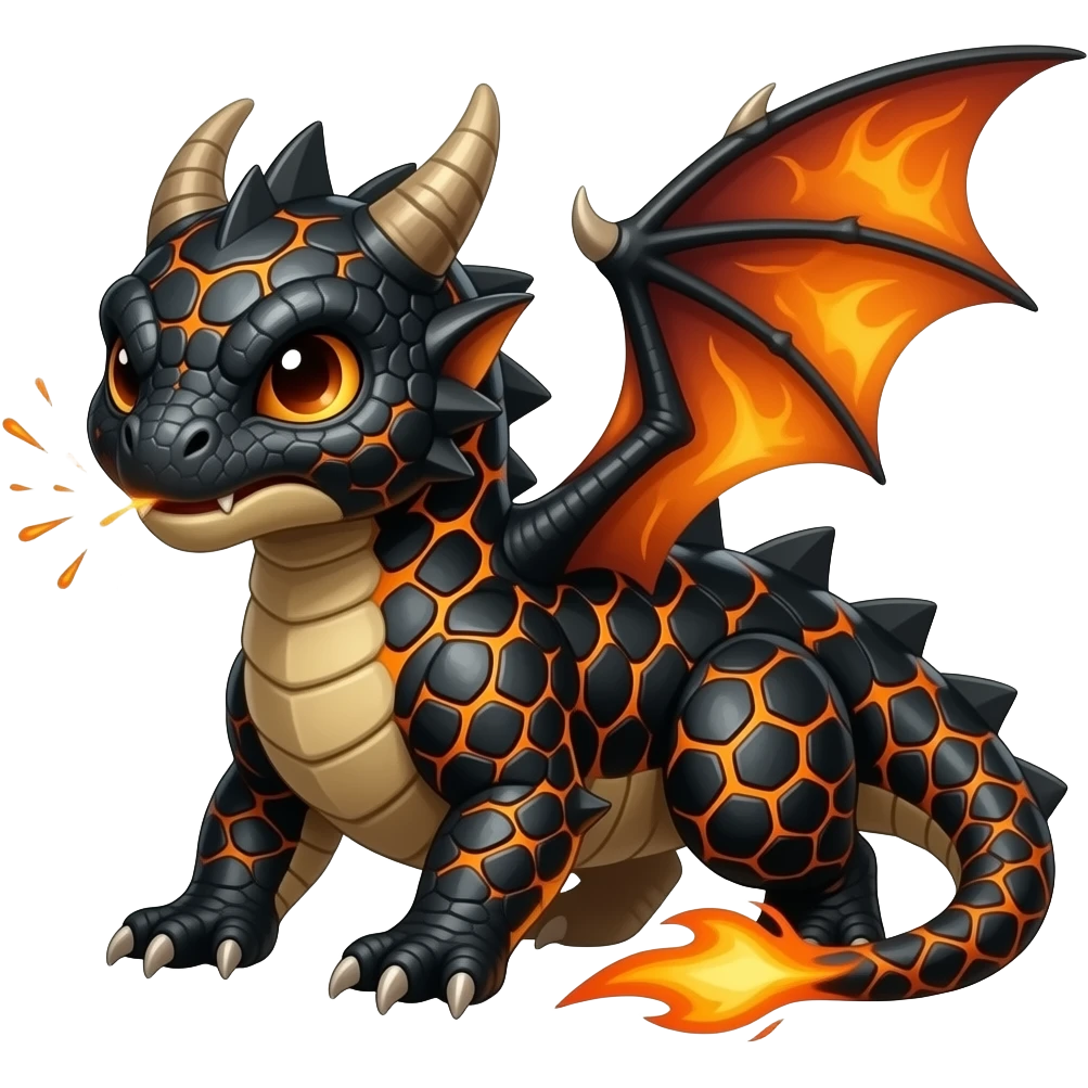 A small draconic creature covered in black scales with molten orange lines between them. It puffs sparks when annoyed and can flare into a blazing glide. emoji