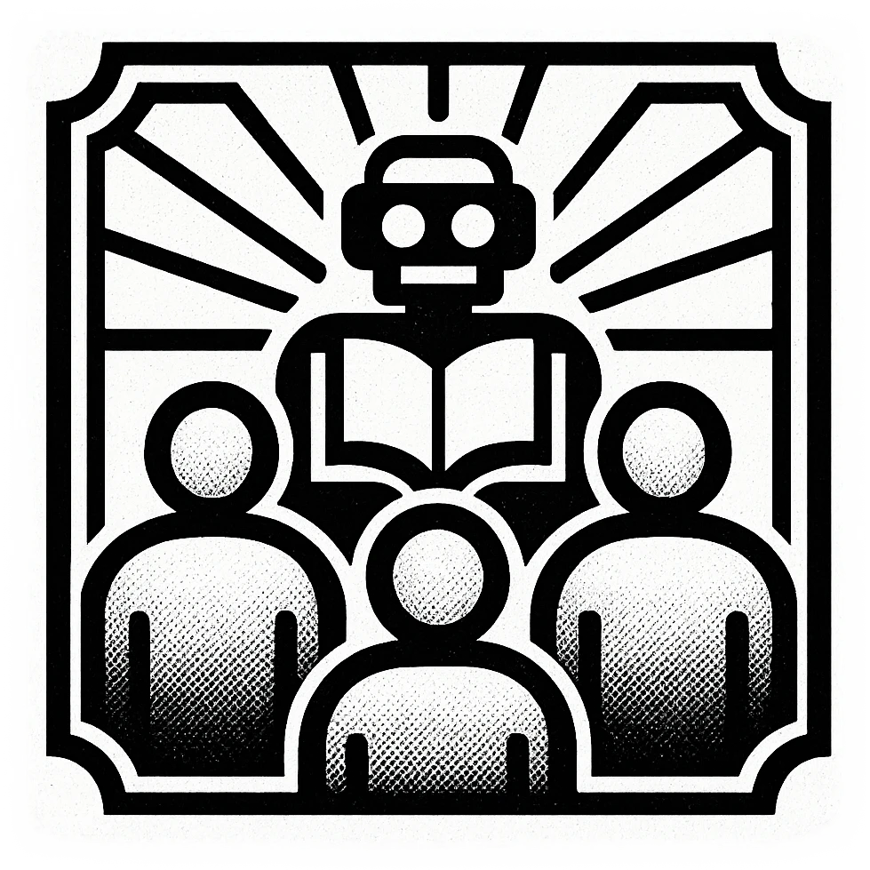 art deco-inspired black-and-white logo showing interconnected people, stylized robot, book, sunburst lines, geometric border, representing community, education, and technology, no text emoji