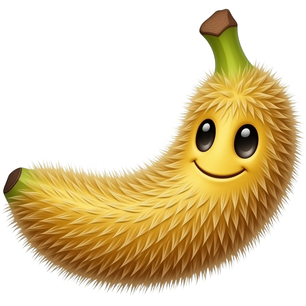 Emoji - a furry banana smiling, the banana is heavily and abundantly covered in hair. emoji