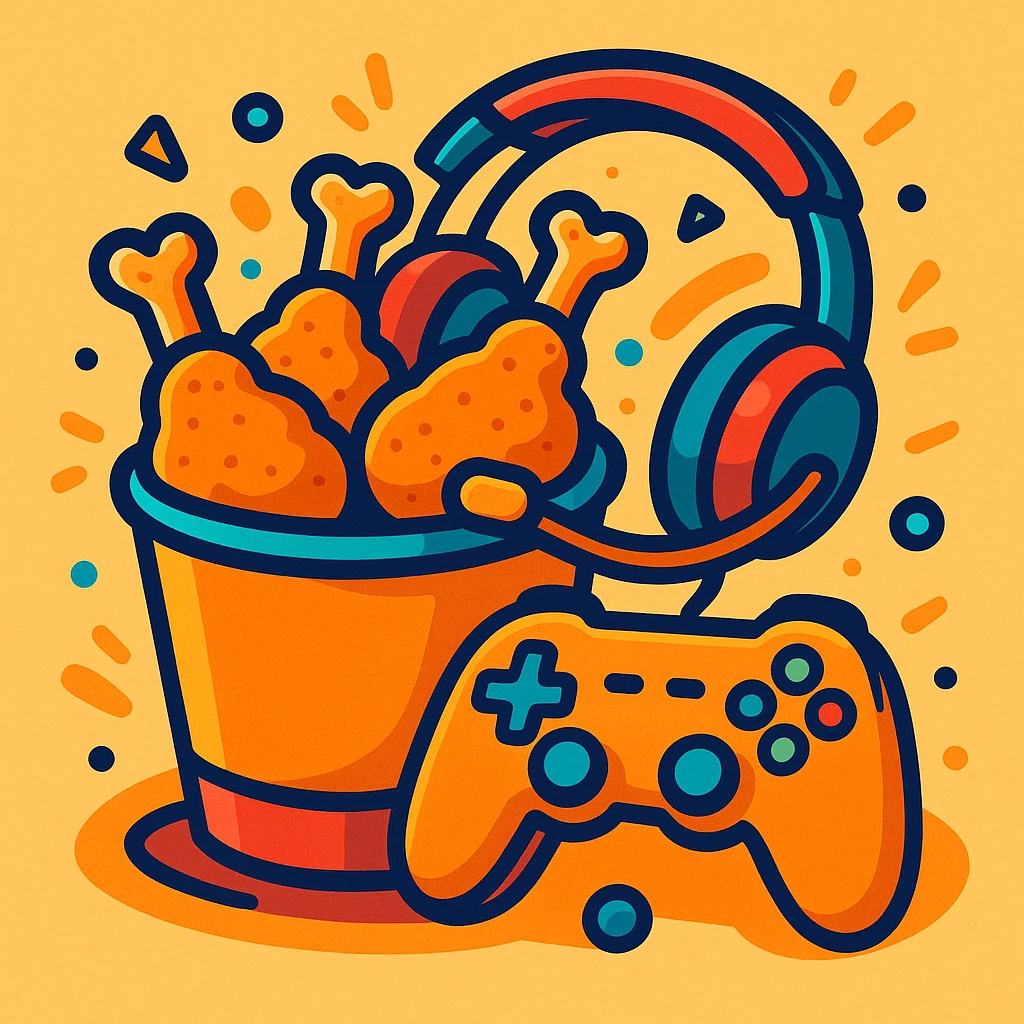 fried chicken with gaming elements such as controller and headset, fun and modern style emoji