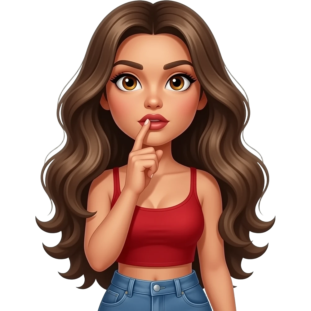 Fingers on lips and thinking looking up woman with tan glowy skin, hazel eyes almond with long lashes,, full lips, dark blonde flowing hair, delicate feminine sexy features, wearing a red crop top and blue low waist jeans, confident and femenine and glam makeup. Intense seductive look. emoji
