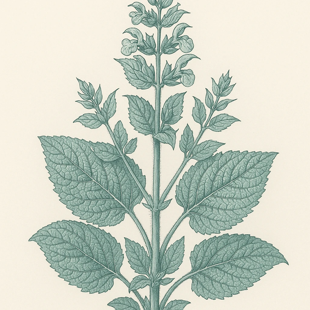 clary sage plant, bluey green color, detailed leaves, botanical style, highly detailed, realistic botanical illustration emoji