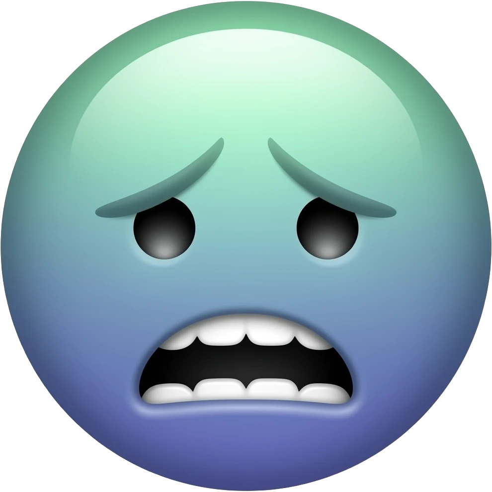 create a cursed looking emoji that looks like it had been deformed and had its face demolished also make it barely look happy and make it be greeny bluish purple emoji