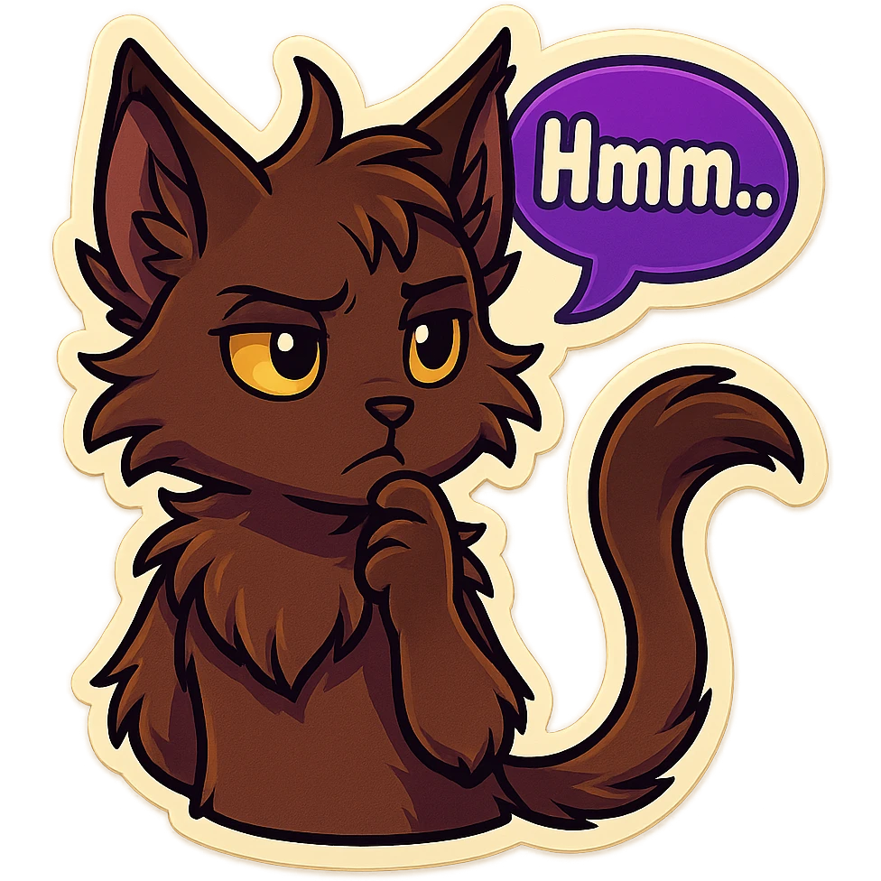 a dark-brown fluffy cute kawaii anthropomorphic furry anime cat-furry with tufted ears, golden eyes, and a long thin tufted tail, thinking, frowning thoughtfully, saying “Hmm..” with a purple speech bubble, (cartoon style) (cute anime style) (furry style) (deviantArt style) (artist style: Kamirah) emoji