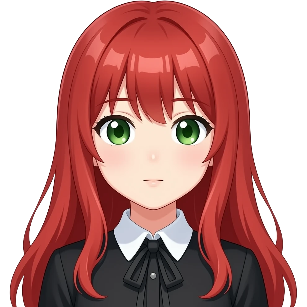 anime girl no mouth long red hair green eyes black blouse with white collar emoji