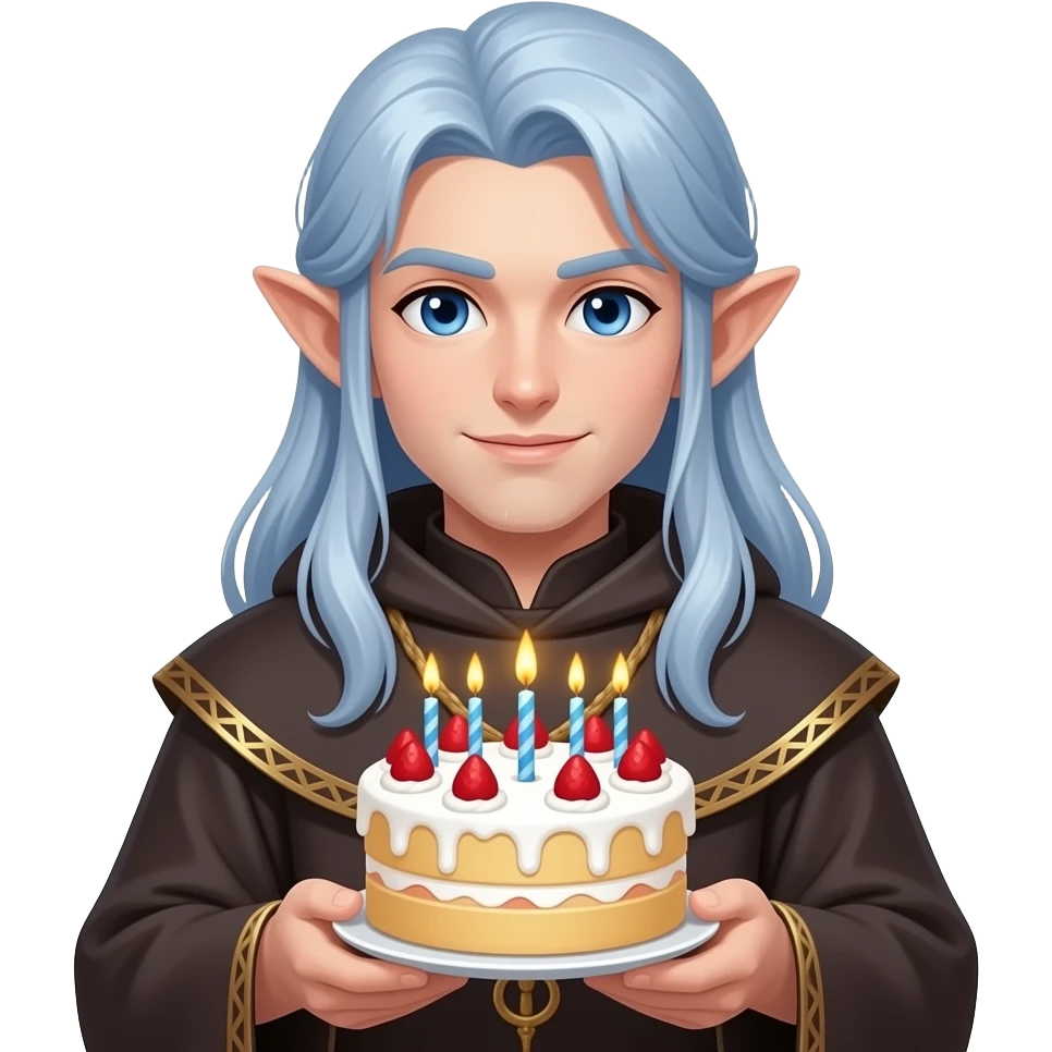 birthday celebration with male elf monk with long blue silver hair holding birthday cake emoji