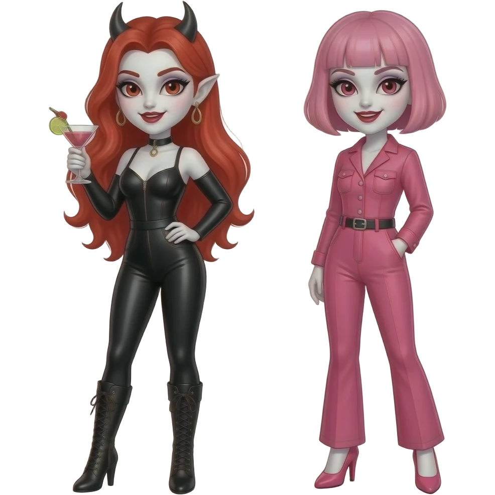 Vampiro femmina con pelle bianca e capelli rossi lunghi  e indossa un TUBINO nero e degli stivali lunghi con tacco nerie prende un cocktail insieme alla sua amica VAMPIRO con i capelli corti rosa e la frangia che indossa un TUBINO ROSA e i TACCHI e la pelle bianca emoji