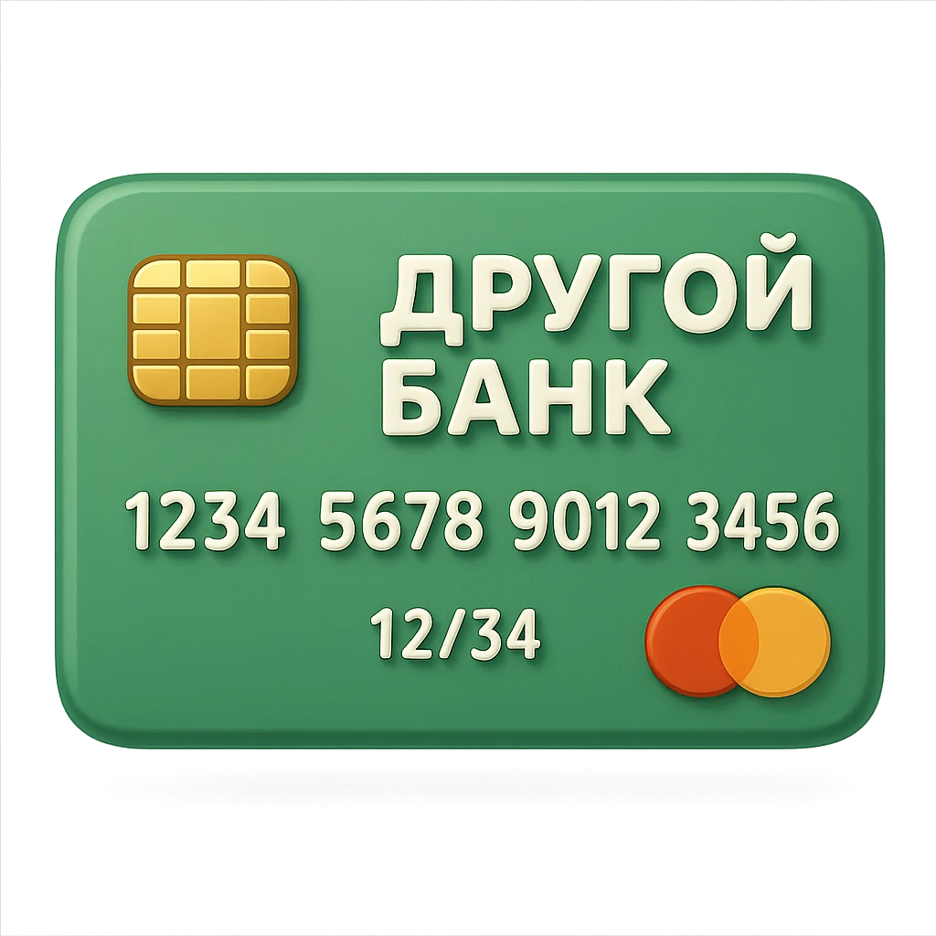 Используя слегка мультяшную, но при этом объемную стилистику cгенерируй кредитную карту на которой написано ДРУГОЙ БАНК, цвет карты зеленый, прозрачный фон emoji