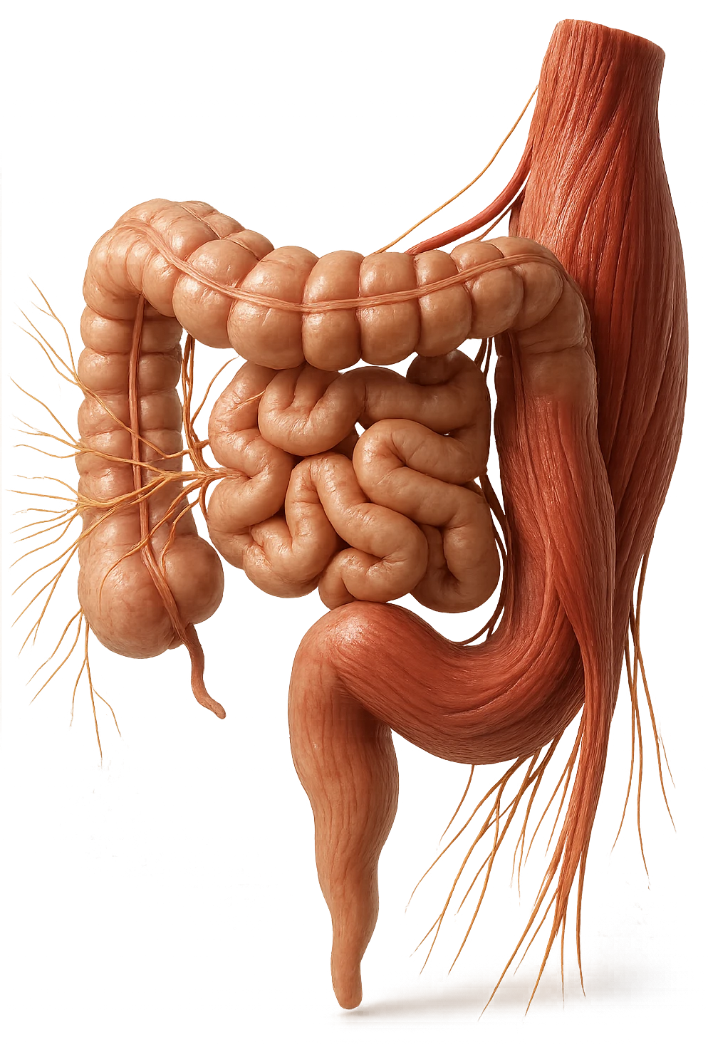 intestino, nervi e un tessuto muscolare sono collegati, iperrealistico 4k emoji
