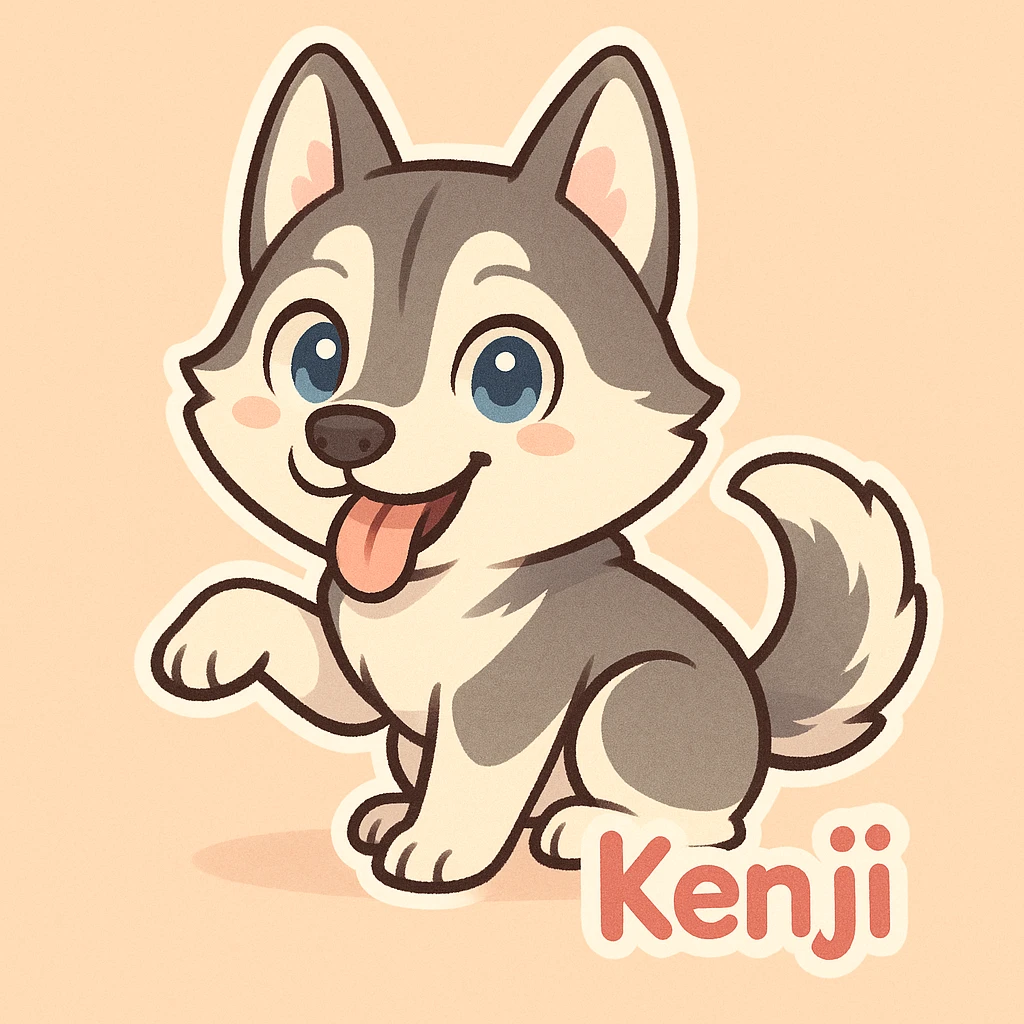 Create a chibi sticker of a playful Husky dog inspired by the right dog in the reference photo. Include the name 'Kenji' in a cute font. Use a simple background suitable for chibi stickers style. emoji