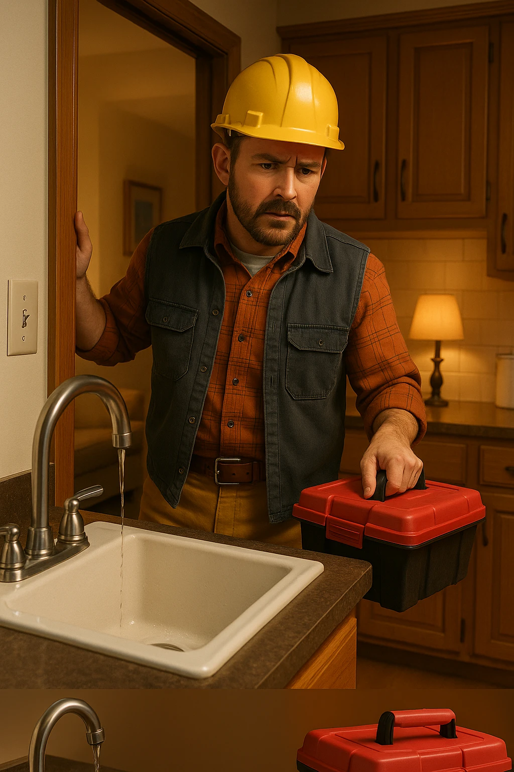 Vertical format, same scene: construction worker entering home, toolbox in hand, noticing leaky faucet, cozy home environment. Version 1. emoji