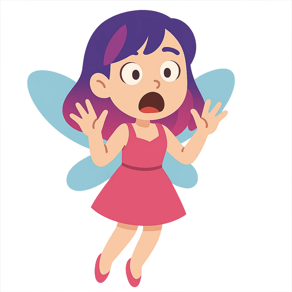 flat toon style white girl with purple and pink hair, shocked fairy expression emoji