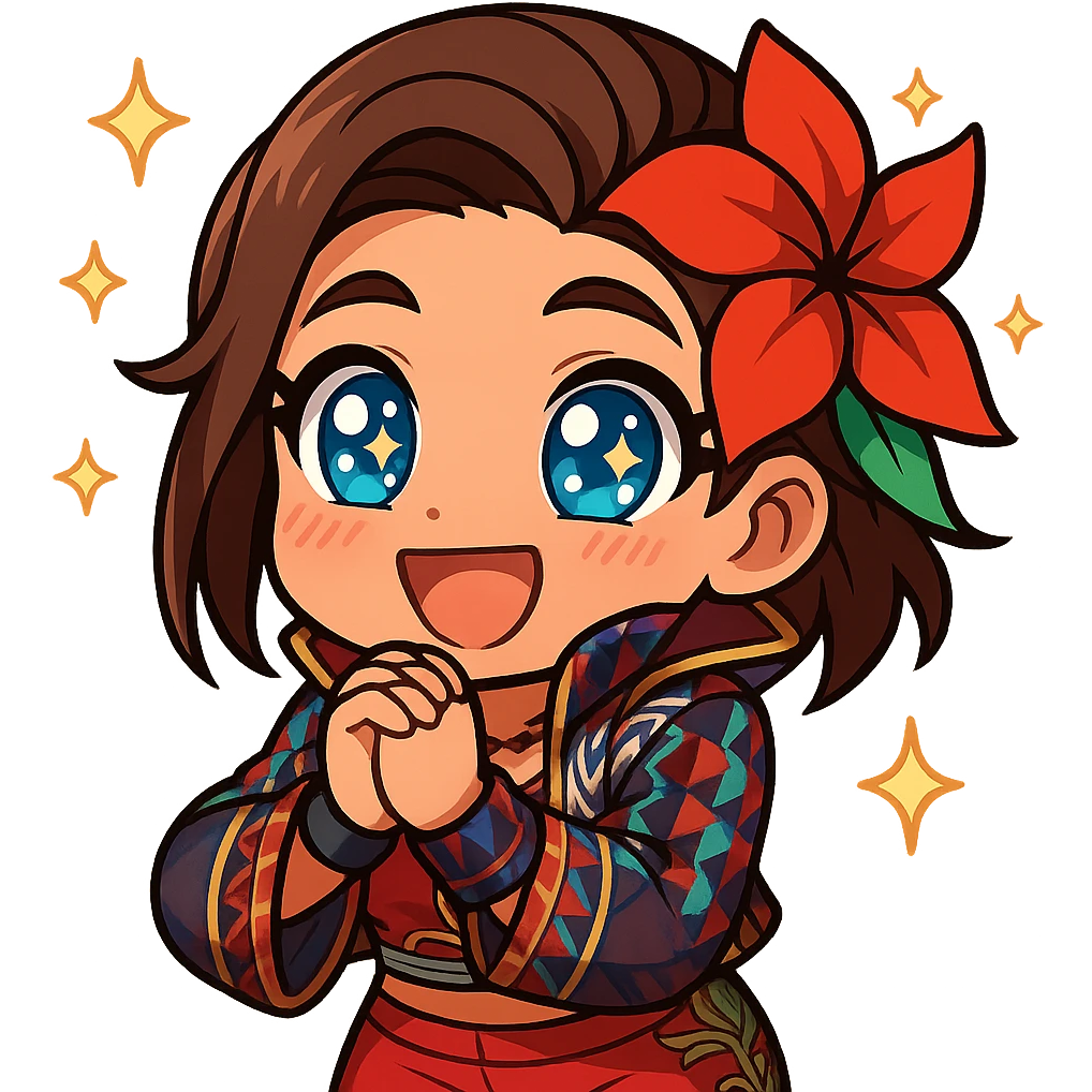 Azucena from Tekken 8 in chibi sticker style, with sparkly eyes and hands clasped in excitement, standard Twitch emote, wearing her detailed red and patterned outfit as shown in the reference images. emoji
