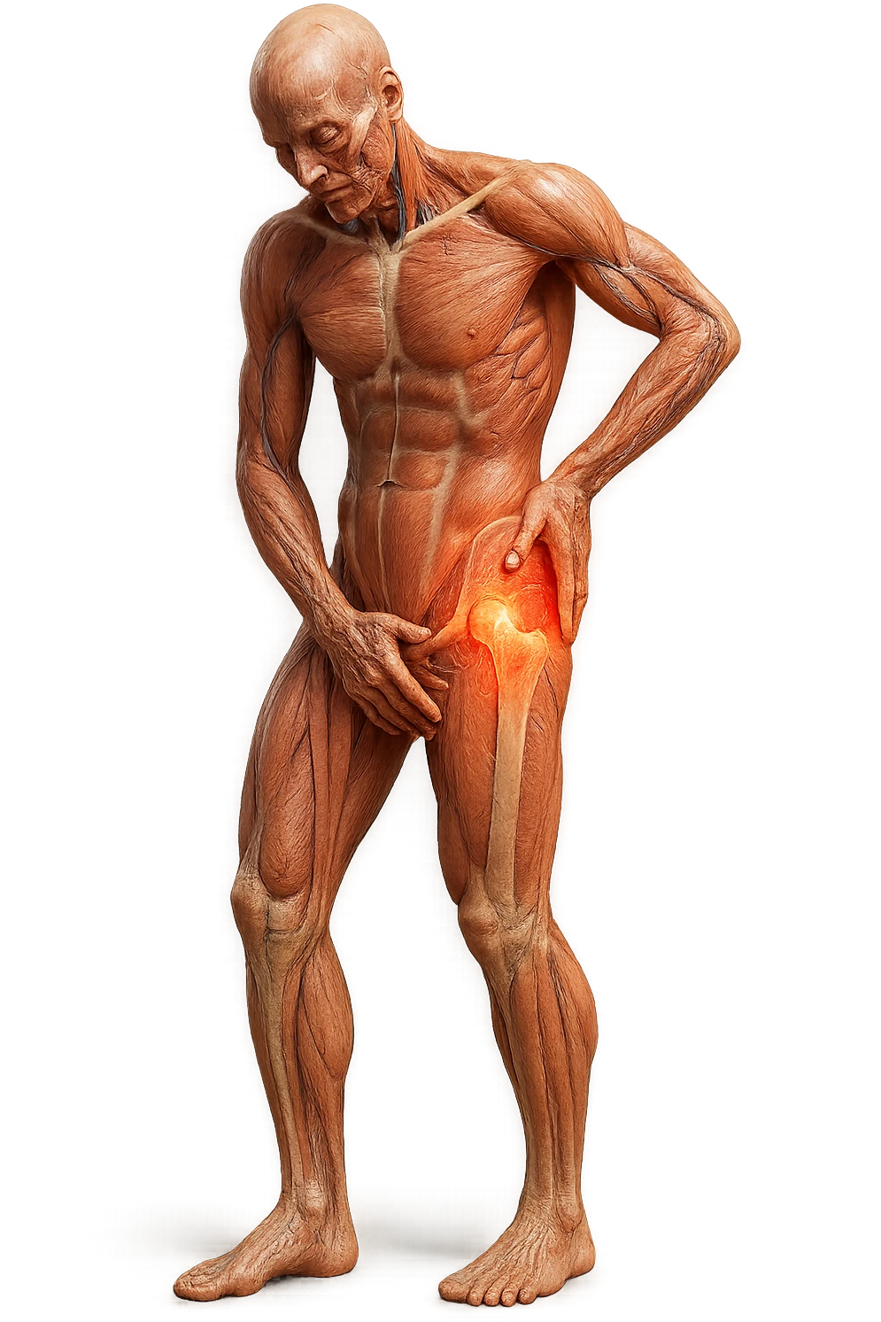 CORPO UMANO ANATOMICO A FIGURA INTERA REALISTICO CHE SI TOCCA L'ANCA INFIAMMATA, DOLORE ALL'ANCA, IPERREALISTICO 4K emoji