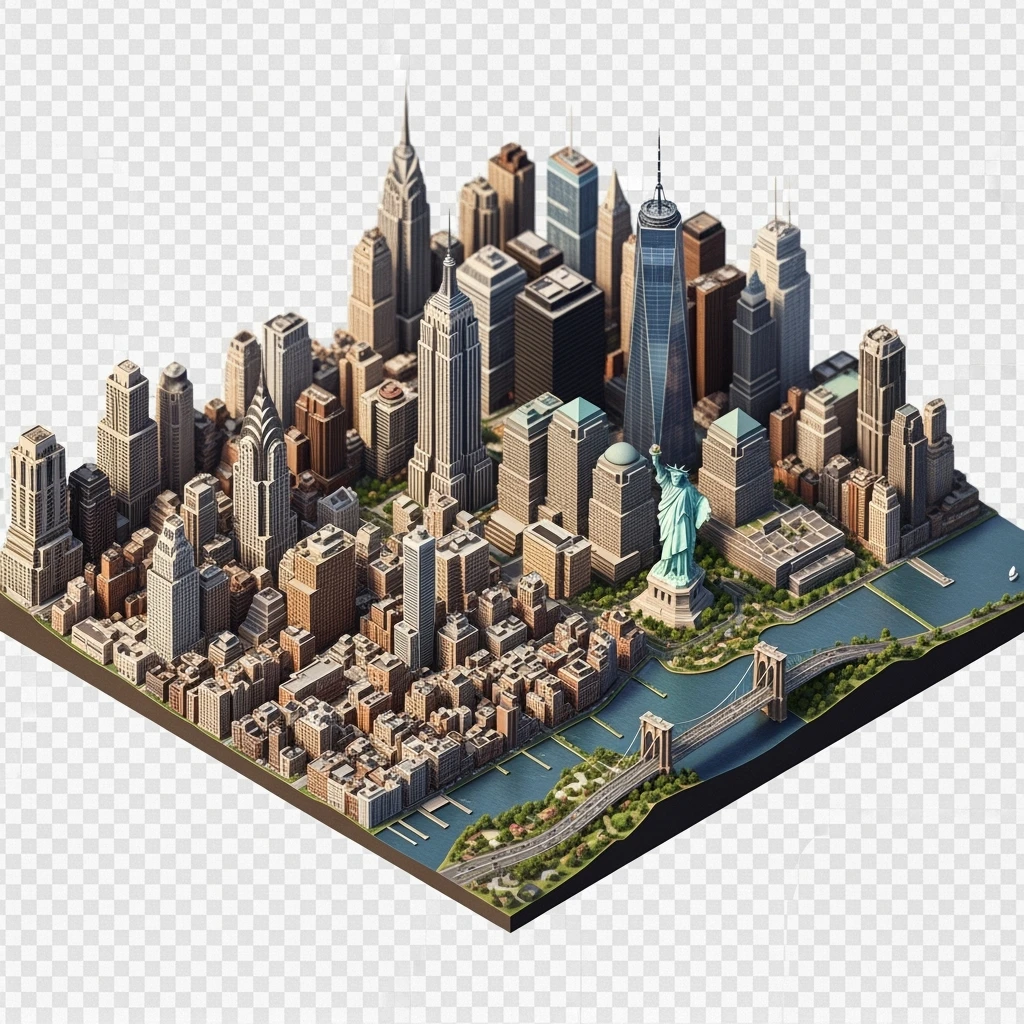Isometric miniature of New York Сity Empire State Building, Chrysler Building, One World Trade Center, Statue of Liberty, Brooklyn Bridge, and Central Park chaotic low-rise blocks in outer boroughs 3D miniature effect and Tilt Shift effect, no cartoonish look, transparent background. emoji