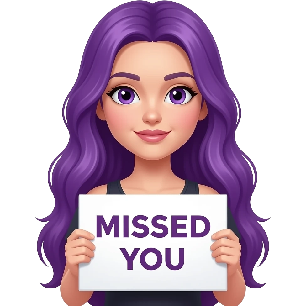 sexy girl with long purple hair and purple eyes holding a MISSED YOU sign emoji