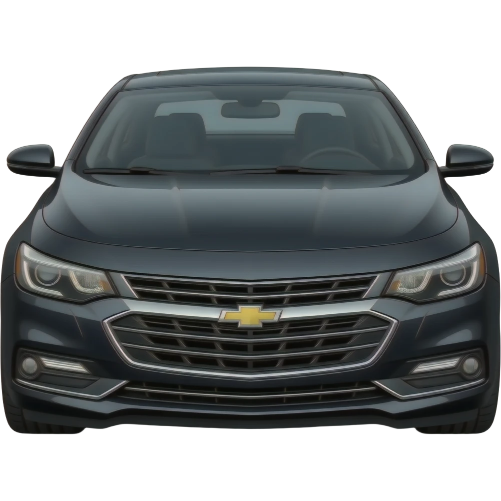 A realistic, high-detail photograph of a glossy black Chevrolet Malibu 2 Turbo Premier sedan with tinted windows, car headlights on the front and black alloy rims. emoji