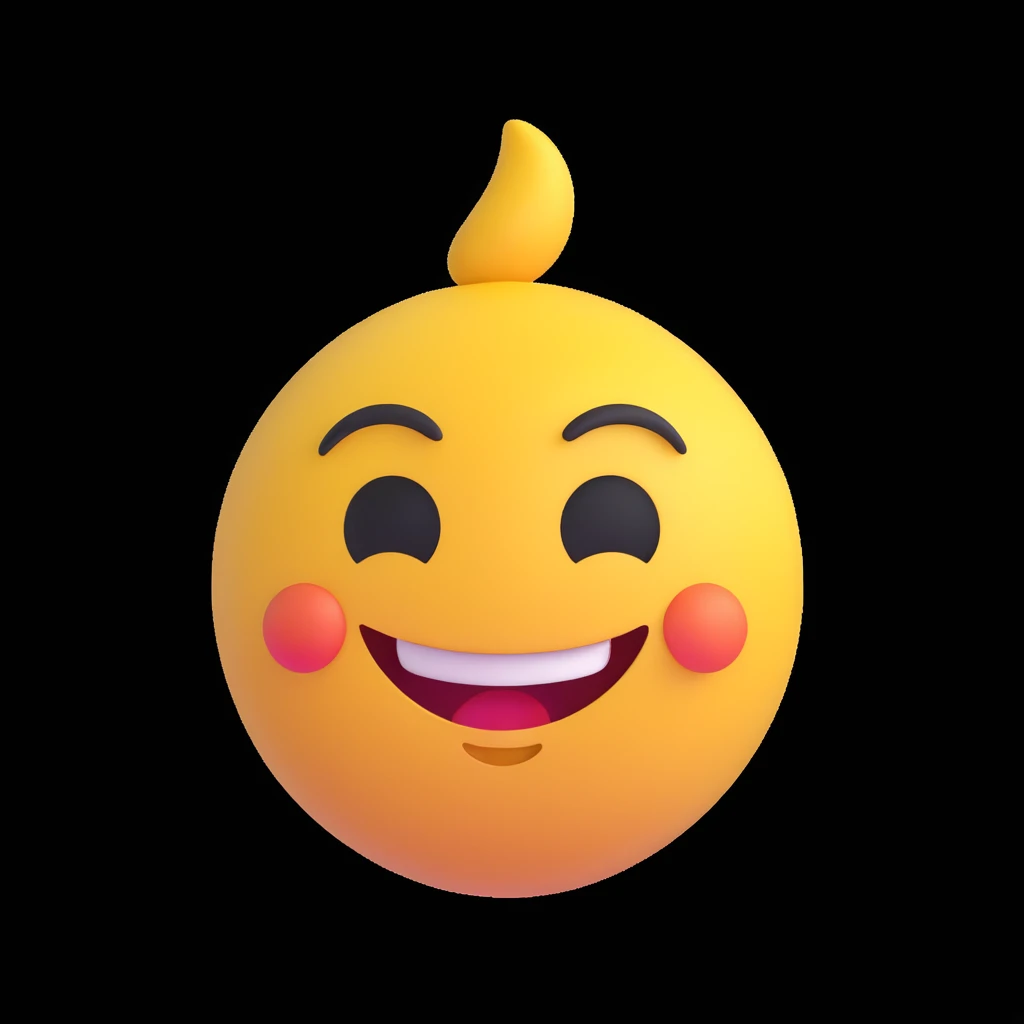 Make this 3D Apple-style emoji more playful by adding a bigger smile, slightly raised eyebrows, and a cheerful expression. Keep the smooth, glossy look and white background. emoji