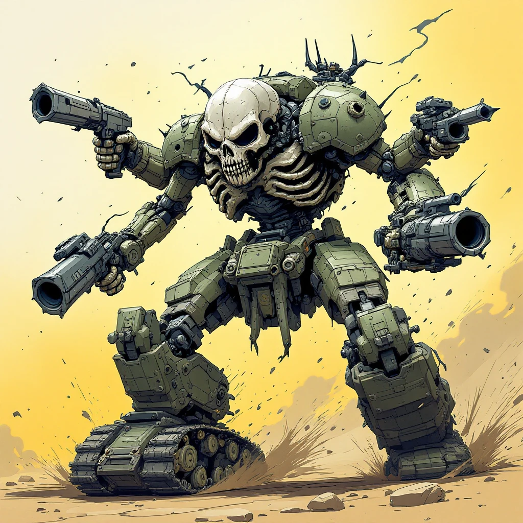 Transform the skull tank character to have four arms equipped with weapons, charging aggressively into battle with large tank treads instead of legs. Maintain the original skull tank design without any Viking elements. Use the dynamic, action-packed pose from the first reference image. emoji