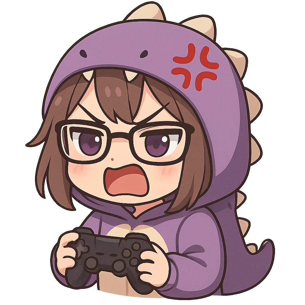 chibi anime style gamer girl with glasses, brown hair, dark purple eyes, wearing a purple dinosaur costume, making a rage emote emoji