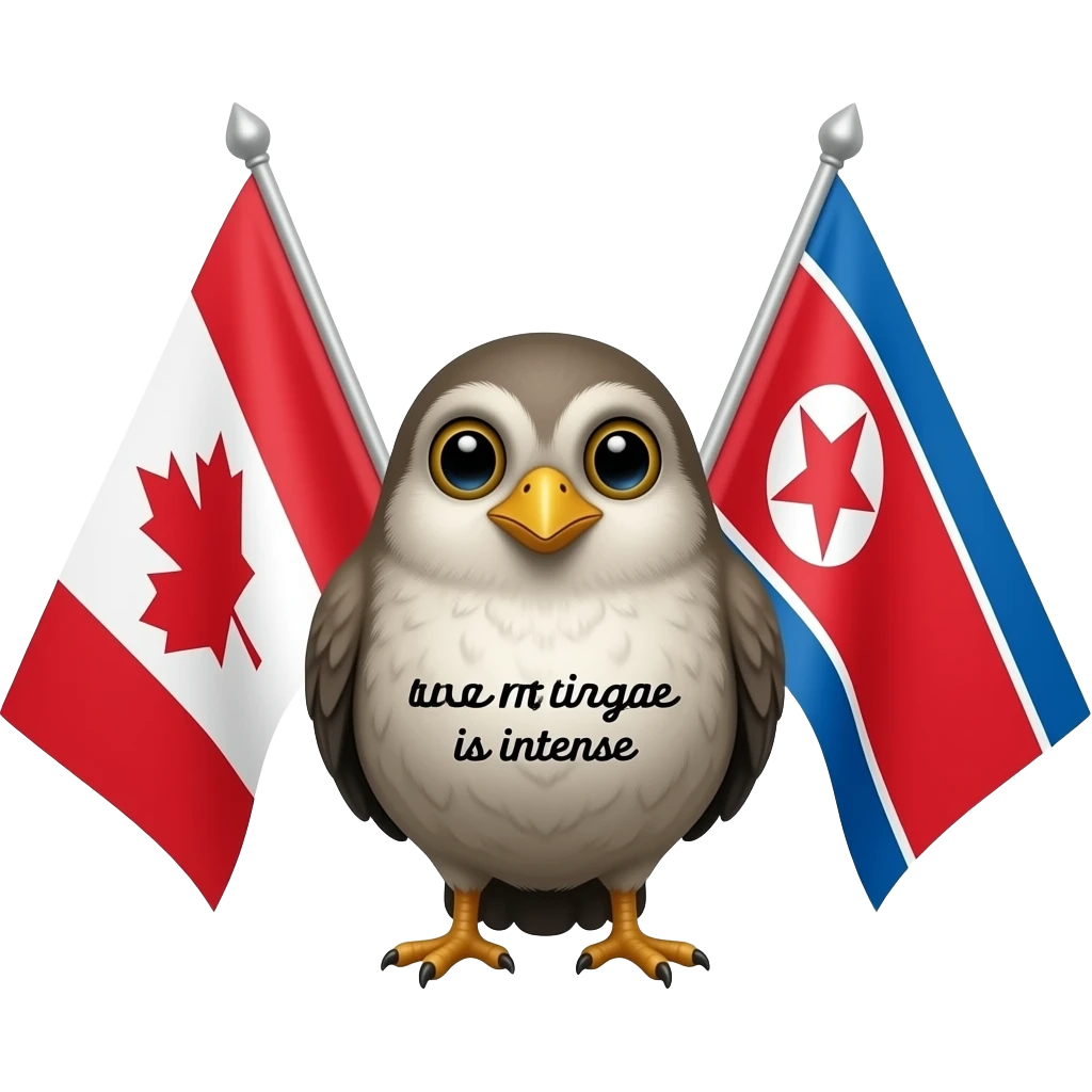 the flag of canada and north korea with a bird and on the bird the words "the marriage is intense" on his belly emoji